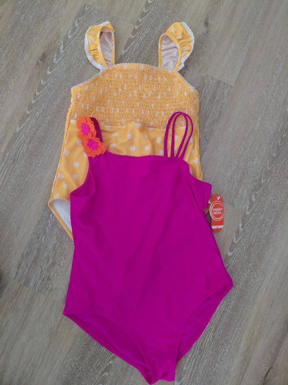 Set Of 2 Bright Fuchsia One-Piece with Floral Accent/Yellow Ruffle XL Plus